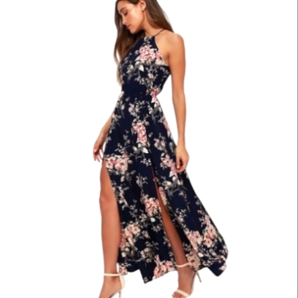 Lulus Feel The Music Midnight Blue Floral Print Maxi Dress Sz Medium - Picture 3 of 15